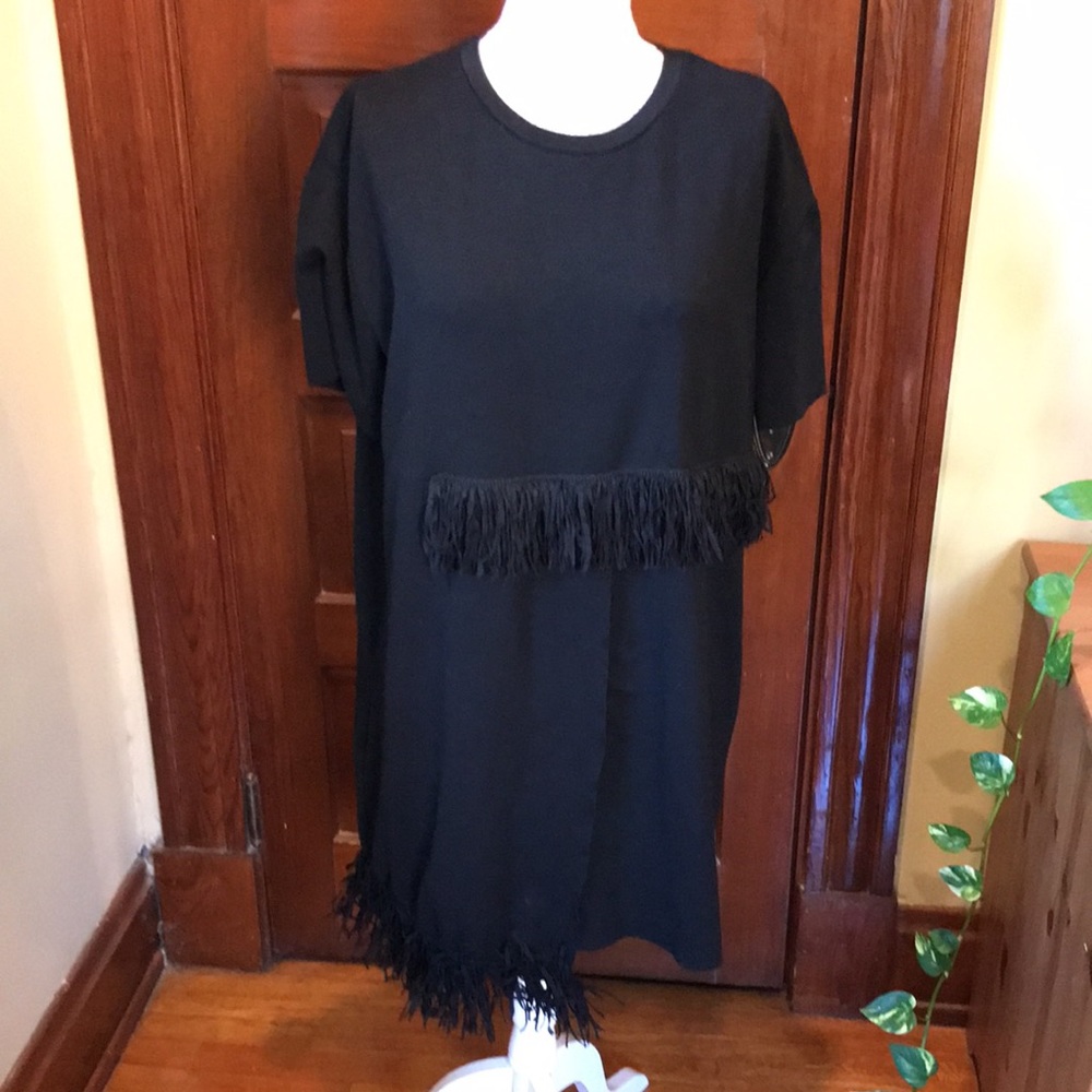 Zara Trafaluc Asymmetrical Fringe Black Sweatshirt Dress (Size L)